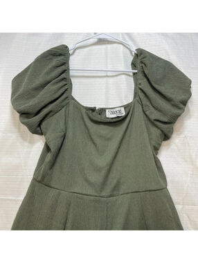 Trixxi Puff Sleeve Wide Leg Jumpsuit Olive Green Textured Pockets XL
